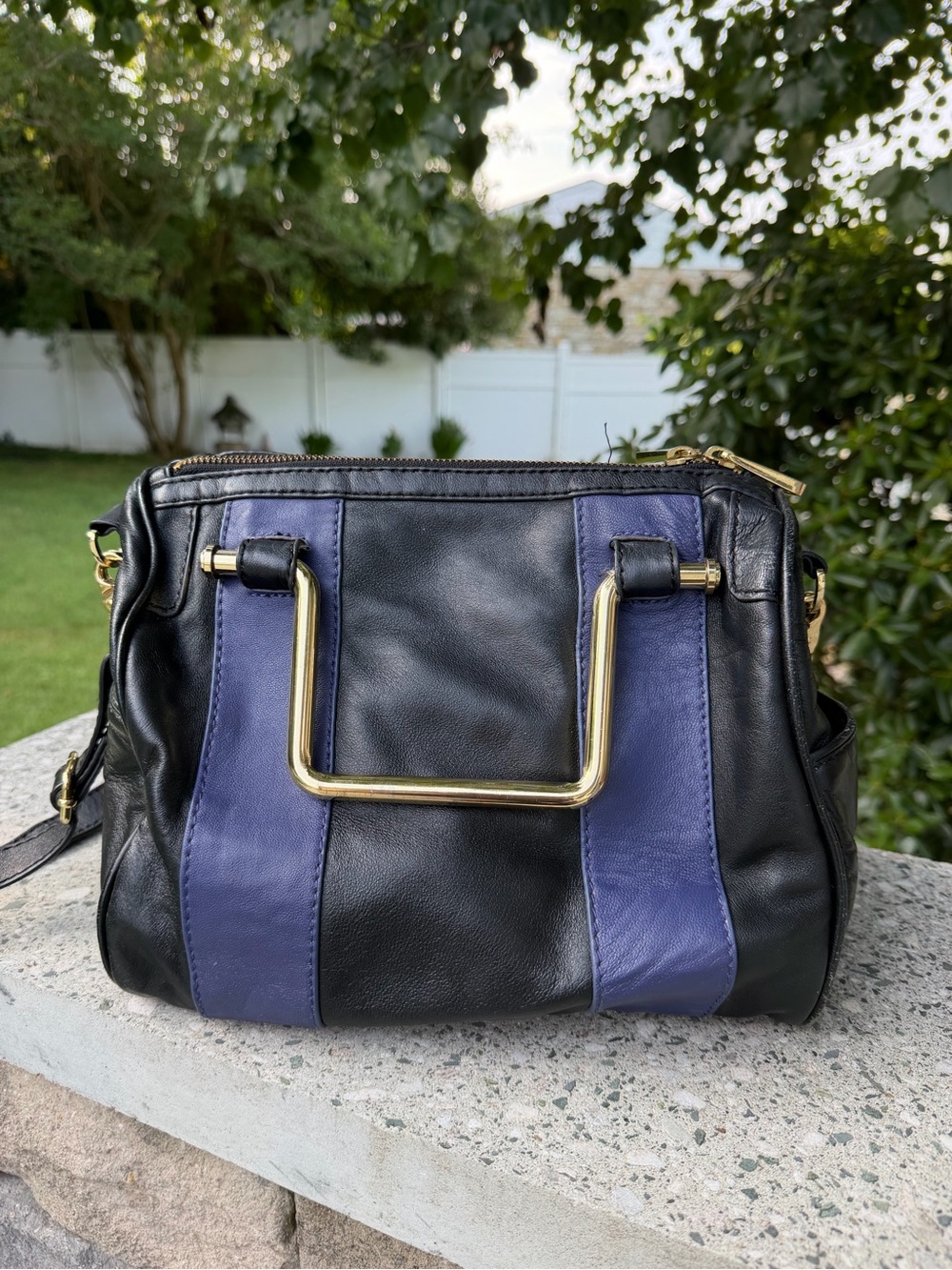 Zac spoke Black and blue Leather Satchel with Gold Hardware